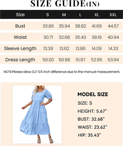 Vista 6 de PRETTYGARDEN Vestidos de verano para mujer, manga abombada, cuello cuadrado, cintura alta, fruncido, acampanado, holgado, vestido midi