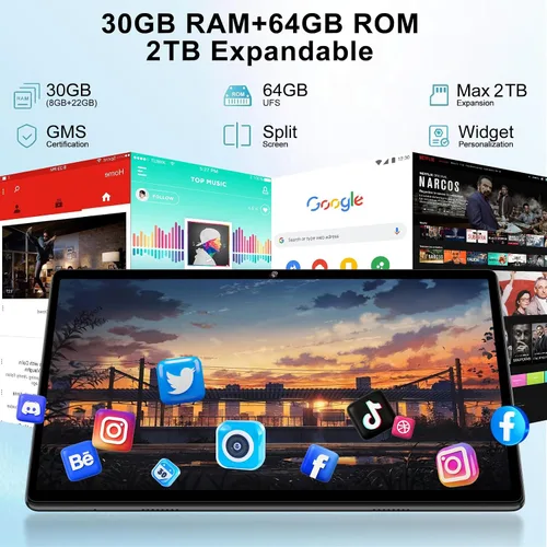 Vista 3 de Tableta Android 15 de 10 pulgadas con teclado, 30 GB de RAM 64 GB ROM 2.0 GHz Octa-Core, cámara dual, expansión de 2 TB, Widevine L1, WiFi 5G, BT