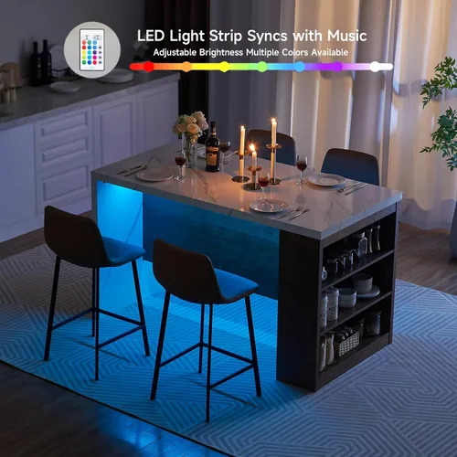 Vista 11 de ONBRILL Mesa completa de mesa de isla de cocina de 61 x 31 pulgadas con espacio de almacenamiento, toma de corriente y luces LED, mesa de comedor
