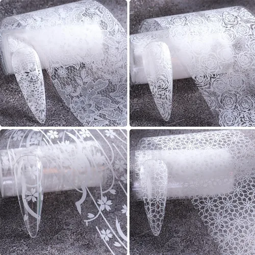 Vista 5 de 10 rollos de calcomanías de transferencia de papel de uñas de flores blancas y negras con patrón de flores de encaje pegatinas de transferencia