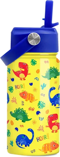 Vista 30 de SANDJEST Botella de agua para niños con tapa con pajilla, botellas de agua de acero inoxidable con aislamiento del alfabeto de 12 onzas para niños