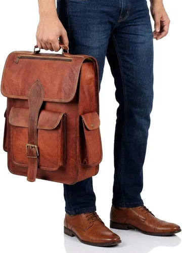 Vista 9 de Mochila para portátil de cuero genuino de grano superior para hombres y mujeres, mochila vintage hecha a mano, mochila de viaje, regalo para hombres