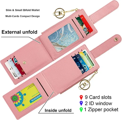 Vista 4 de Cartera pequeña para mujer delgada plegable con cremallera tarjeteros monedero brillante A-Rosa Minimalista