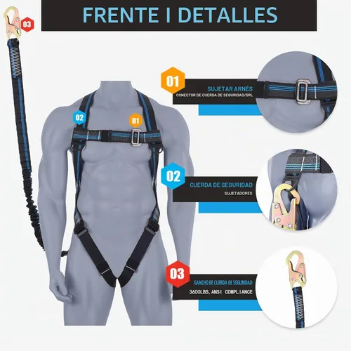 Vista 2 de Kit de protección contra caídas de arnés de seguridad, arnés de seguridad de cuerpo completo de 3 puntos con cordón interno de absorción de impactos