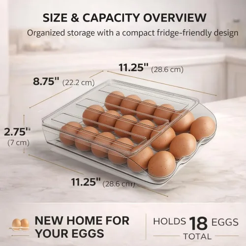Vista 2 de Soporte para huevos para refrigerador con dispensador automático rodante, dispensador de huevos para refrigerador, organizador de huevos apilable