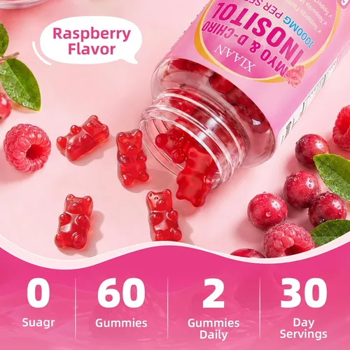 Vista 7 de Gomitas de suplemento de inositol para mujer, sabor a frambuesa