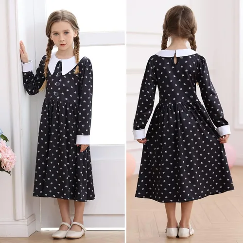 Vista 4 de Luzlen Wednesday Addams - Disfraz para niñas con peluca y calcetines para niños, vestido familiar Addams, disfraz de Halloween y cosplay, trajes