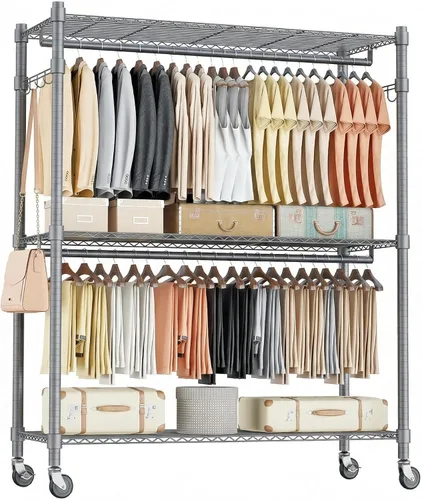 Vista 14 de Homdox Estante para ropa resistente con 3 estantes ajustables de alambre, estantes para ropa para colgar, estante de ropa de doble barra, armario