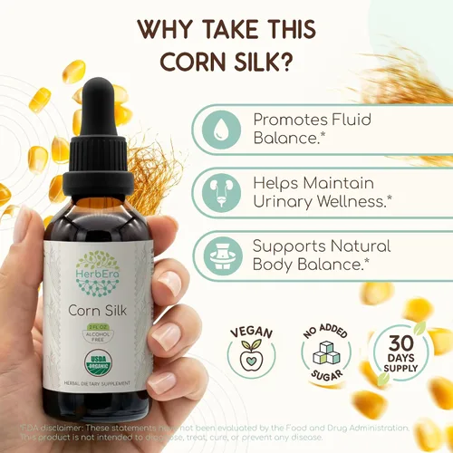 Vista 2 de Corn Silk B60 USDA - Tintura orgánica Extracto sin alcohol, gotas de hierbas de alta potencia Seda de maíz orgánica certificada (Zea Mays) Seda