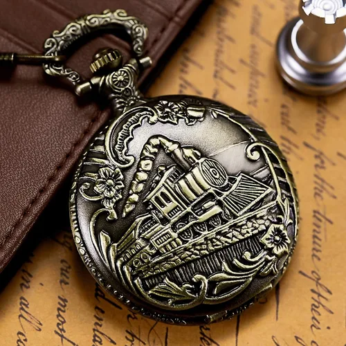 Vista 6 de Reloj de bolsillo con tren de vapor de cuarzo para hombres y mujeres con cadena, bronce, Bronce 1, Retro