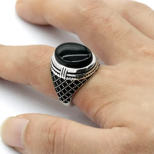 Vista 2 de SKOOMEN Anillo de plata de ónix negro para hombre, anillo ovalado grande con caja de joyería, joyería fina para hombre con piedras preciosas