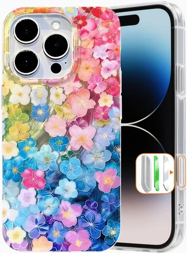 Vista 7 de I-MGAE-IN-AR Funda compacta para iPhone 12 Pro, diseño colorido de flores iridiscentes, holográfica, brillante, bonita funda para iPhone 12