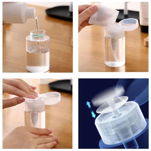 Vista 2 de Kit de removedor de esmalte de uñas de gel con 10 clips de removedor de esmalte de uñas rosa con tapa, botella dispensadora, empujador de cutículas