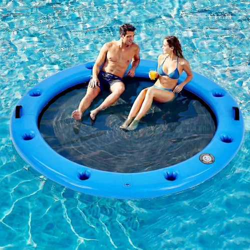 Vista 19 de Muelle flotante inflable redondo de 6 a 12 pies, anillo de flotador Sunchill, hamaca de agua para broncear flotadores de piscina con tela tejida