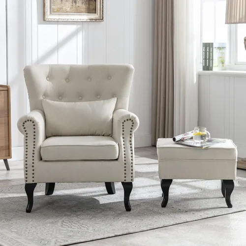 Vista 2 de chairus Silla de Acento Moderna de Mediados de Siglo con Otomana, Cómoda Silla Individual de Sofá de Lino con Botones Capitoné Sillón Orejero
