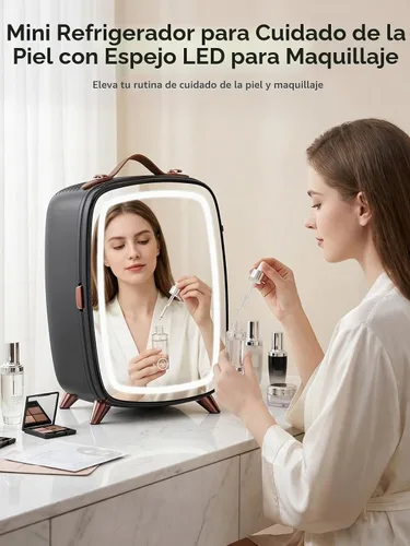 Vista 4 de COWSAR Mini refrigerador para dormitorio con espejo de luz LED regulable, refrigerador para el cuidado de la piel de 6 litros/8 latas con mango Negro