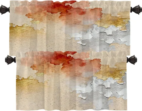 Vista 14 de Shrahala Beige and Orange Abstract Art Brushstrokes Blackout Curtain Tiers, Abstract Oil Paint Kitchen Valance Light Blocking Tier Drapes with Rod