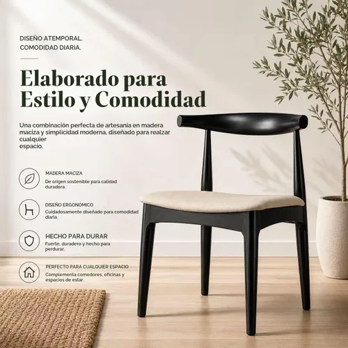 Vista 4 de 2xhome Juego de 2 sillas de comedor de madera maciza Asiento acolchado tapizado de lino beige Silla lateral moderna estilo codo de granja Negro