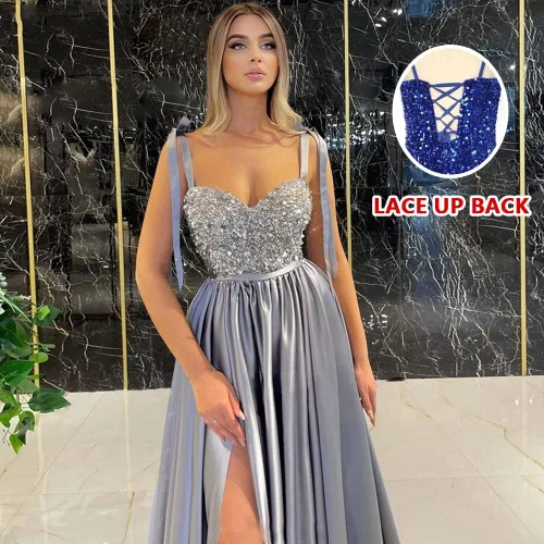 Vista 3 de AKAKDA Vestidos de fiesta de lentejuelas con tirantes delgados para mujer con abertura, vestido largo de satén para dama de honor