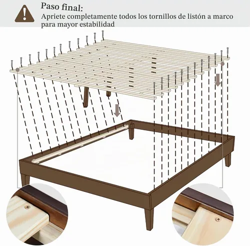 Vista 8 de Yaheetech - Marco de cama con plataforma de madera maciza de tamaño matrimonial, color nogal oscuro