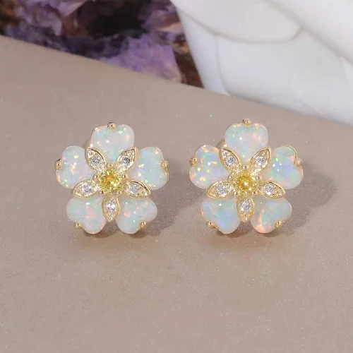 Vista 4 de CiNily Aretes tipo dormilona de ópalo con flores para mujer, chapados en rodio, hipoalergénicos, grandes piedras preciosas de 1932 pulgadas