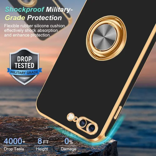 Vista 3 de Fingic Funda para iPhone 7 Plus, iPhone 8 Plus con soporte de anillo, soporte magnético giratorio de 360°, borde dorado brillante, funda protectora