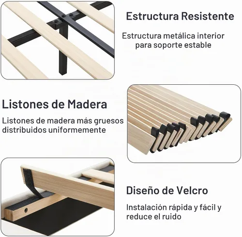 Vista 6 de Furnify Base de cama tamaño Queen, plataforma tapizada de terciopelo con ribete dorado, cama de estilo moderno con cabecera ajustable, no necesita