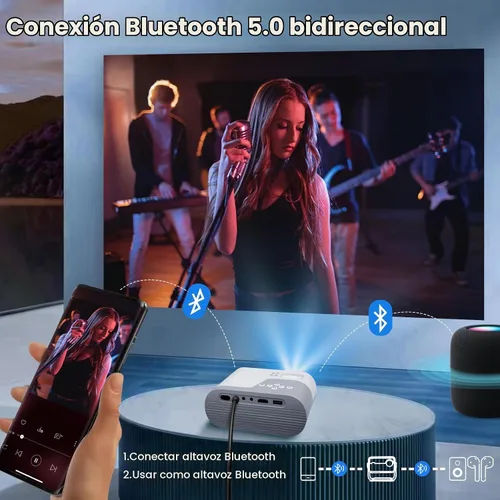 Vista 4 de Mini proyector, proyector con WiFi y Bluetooth, proyector portátil de soporte 1080P, altavoz integrado, compatible con teléfono
