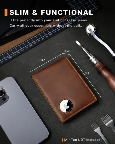 Vista 3 de Billetera AirTag para hombre, de piel auténtica plegable con bloqueo Rfid AirTag con ranuras para efectivo y ventana de identificación, compatible