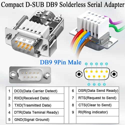 Vista 4 de QIANRENON Carcasa de metal DB9 conector serial sin soldadura compacto DB9 macho adaptador de terminal de crimpado chapado en oro D-SUB 9pin enchufe