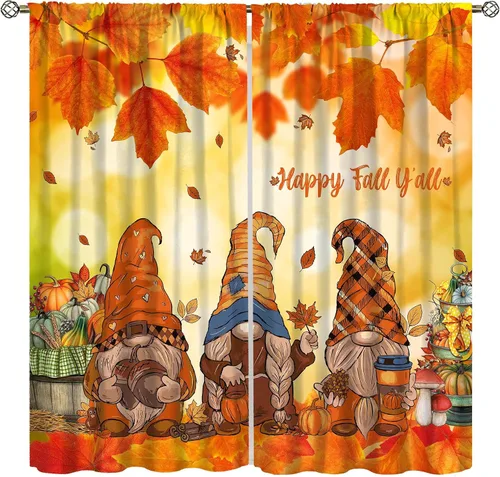 Vista 19 de Cortinas de ventana de cosecha de otoño, marco de madera rústica, cortinas florales de pacas de heno y calabaza, cenefa de cocina de Acción