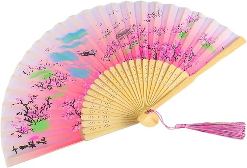 Vista 5 de Abanico de mano plegable de bambú de seda para hombres/mujeres, ventilador de mano chino/japonés para regalo, baile, festival, club, raro, evento