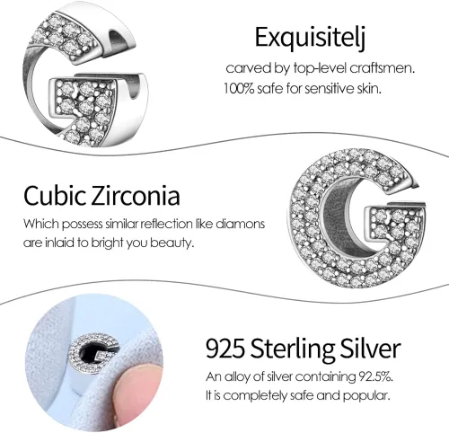 Vista 6 de TINSLO Dijes con iniciales del alfabeto, letras completas de la A a la Z, plata de ley 925, circonitas cúbicas, colgantes para pulseras europeas