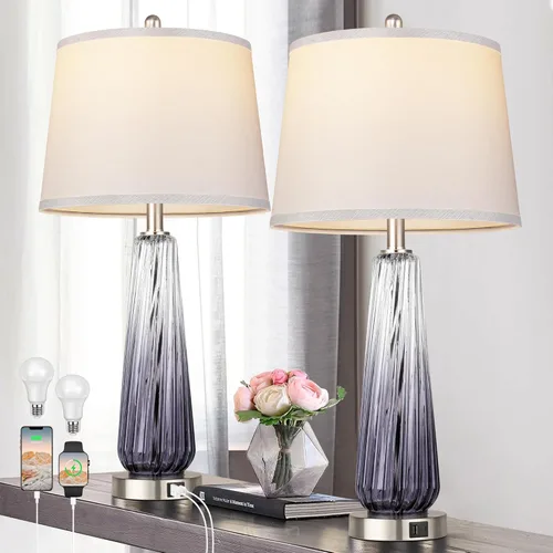 Vista 7 de Lámparas de mesa de vidrio para sala de estar, lámparas de noche modernas con puertos USB A+C, lámpara de mesita de noche de control táctil