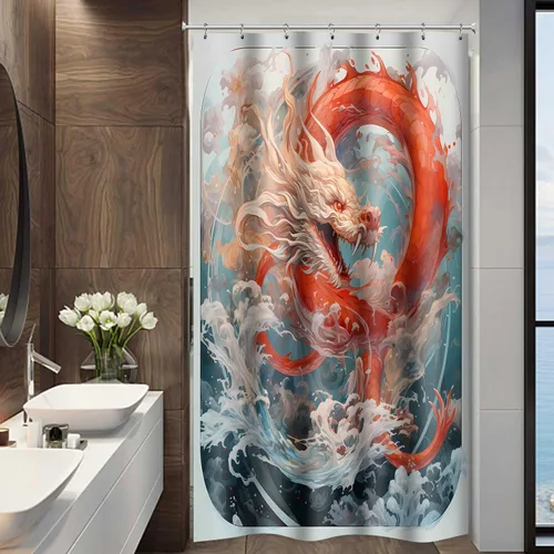 Vista 3 de YLOKPA0717 - Cortina de ducha de dragón japonés con ganchos, enorme ola de mar, cortina de baño de dragón rojo, 36 x 72 pulgadas, decoración de baño