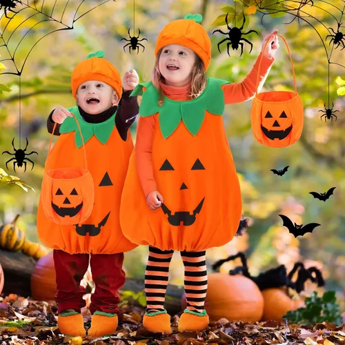 Vista 7 de Disfraz de calabaza de Halloween para niños de 0 a 24 meses, unisex, calabaza naranja, divertido traje de cosplay con 1 cesta de calabaza y 1