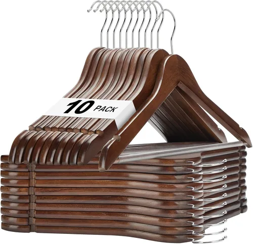 Vista 17 de HOUSE DAY - Paquete de 10 perchas de madera negra, percha de madera maciza con barra antideslizante para pantalones, percha de abrigo de madera Negro