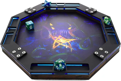 Vista 2 de C4Labs Bandeja rodante de dados octágonos de 10 pulgadas – Cartel de anciano impreso Cthulhu Lord of The Deep - Azul, cuero vegano