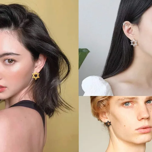 Vista 4 de Pendientes para mujer, diseño de estrella de Davidtriángulo geométricohexágono geométricotriskele celta en plata de ley, tono negro, pendientes