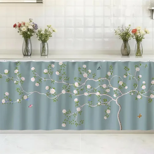 Vista 15 de SK Studio Cortinas cortas para cocina, estante de gabinete, a prueba de polvo, cortina opaca para café debajo del fregadero, falda para baño