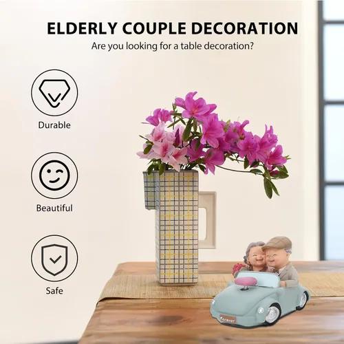 Vista 4 de Veemoon Figuras de resina para parejas mayores, decoración de pastel de aniversario de boda, pareja amorosa en el automóvil, estatua para decoración