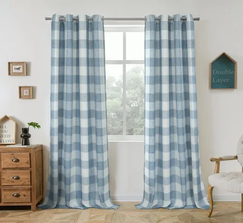 Vista 44 de Cortinas de cuadros de búfalo DriftAway a cuadros negro y blanco extralargas con tratamiento ojo de sargento para dormitorio y sala de estar