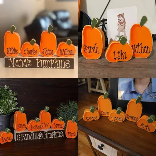 Vista 6 de Calabaza con nombre personalizado para Halloween, bloques de calabazas artificiales personalizadas con nombres de familia para regalos de mesa
