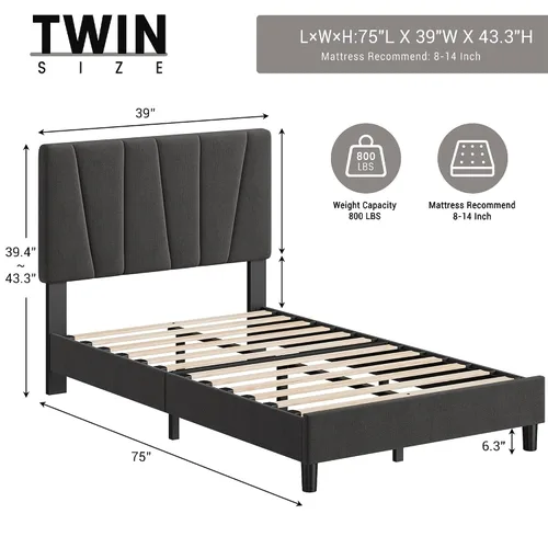 Vista 2 de Garvee Base de cama de tamaño individual con cabecera ajustable, base de colchón, no necesita somier, base de cama tapizada de lino con listones