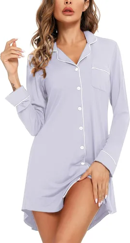 Vista 104 de Samring Camisón de pijama para mujer, manga corta/larga, con botones, camisón para dormir, camisón para novio, talla XXL