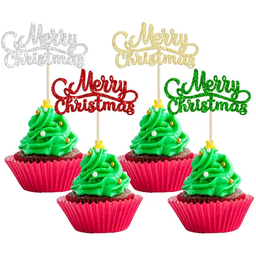 Vista 29 de Gyufise 24 piezas Adornos de pastel para revelación de género de Navidad con purpurina, sombrero navideño de Navidad, adorno de pastel de él o ella