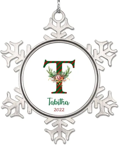 Vista 25 de Monograma inicial letra A copo de nieve, adorno de bayas de pino de Navidad para decoración de árbol de Navidad, adornos de Navidad personalizados