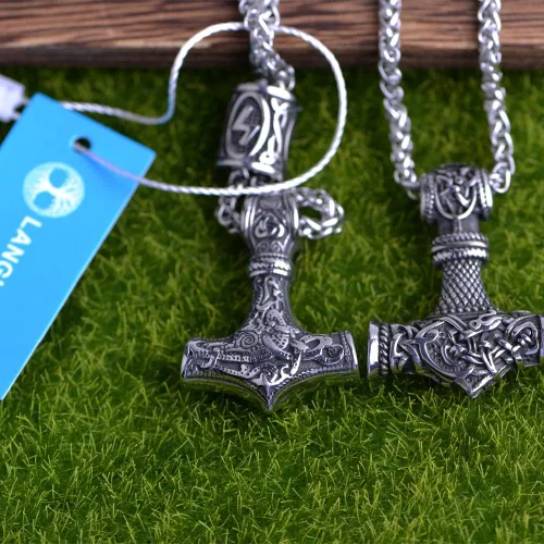 Vista 4 de Collar de martillo de Thor vikingo nórdico Mjolnir para hombre, joyería de talismán