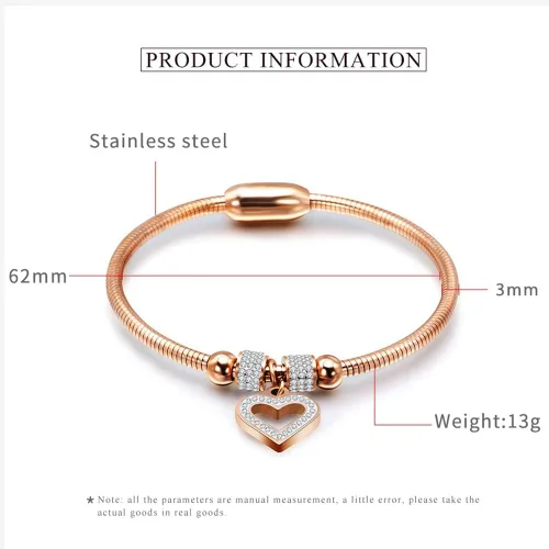 Vista 2 de Jude Jewelers Pulsera de acero inoxidable con dije de corazón de circonita cúbica para aniversario, San Valentín, Metal, Circonita cúbica