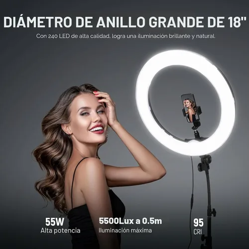 Vista 2 de NEEWER Luz de anillo de 18 pulgadas con soporte de trípode, luz de anillo LED grande de 55W, soporte para teléfono con zapata fría compatible